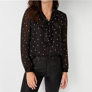 Ann Taylor Black Polka Dot Tie-Neck Blouse